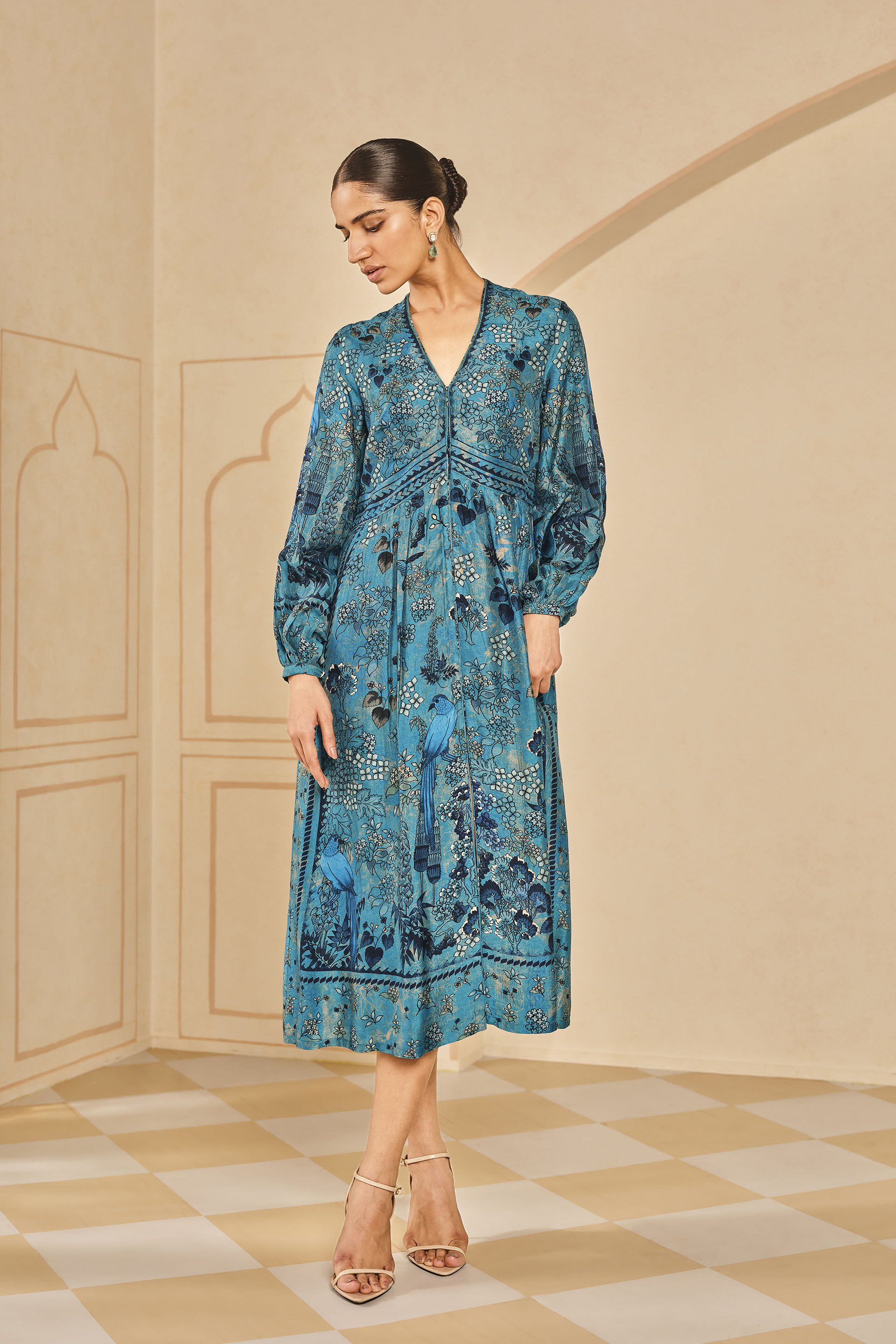 Buy Designer Avis Printed Silk Dress Blue Online from Anita Dongre